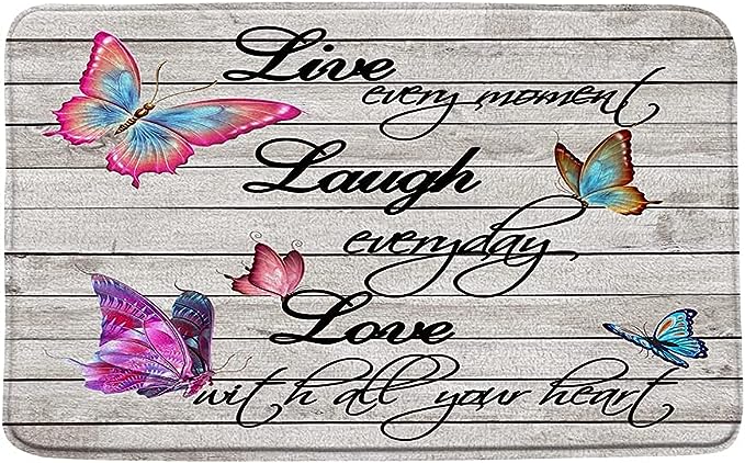 DtrMelsr Live Laugh Love Bath Mat Inspirational Quote Rug Rustic Wood Board Colorful Butterfly Black Motivational Words Positive Microfiber Memory Foam Absorbent Doormat Floor 17.7"x29.5"